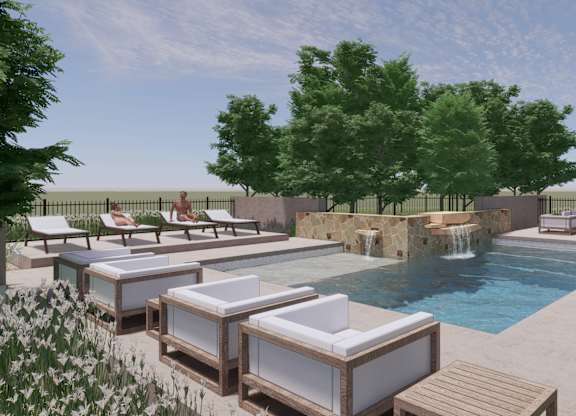 a resort style pool with a waterfall and lounge chairs at Villas of Mason Hills, Leander, TX