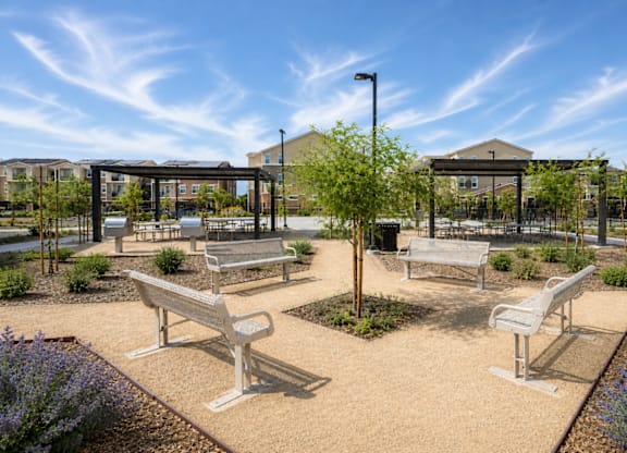 Park with white benches at Terracina at Lancaster | Affordable Apartments, Lancaster, CA