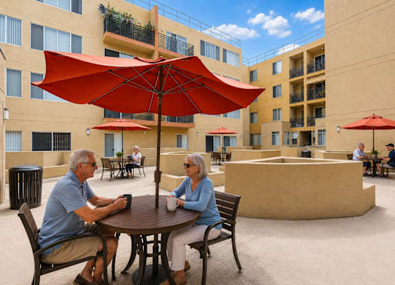 Two people sitting at a table under a red umbrella.