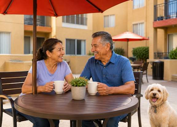 A man and woman are sitting at a table with a dog, enjoying a cup of coffee.