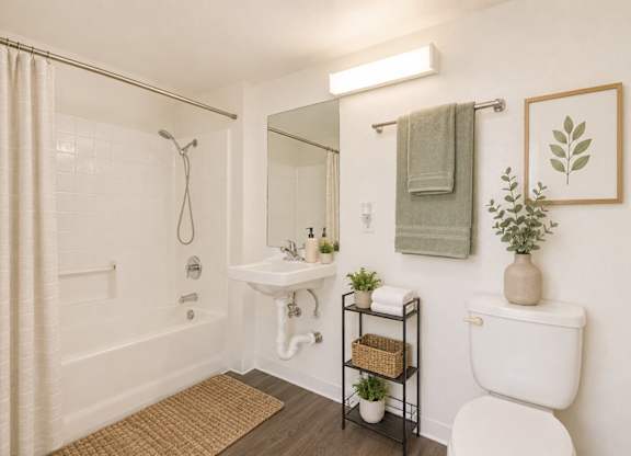 A bathroom with a white toilet, a white sink, a white bathtub, and a white shower curtain.