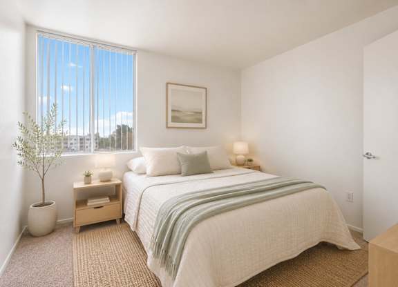 A bedroom with a bed, nightstand, and a plant.