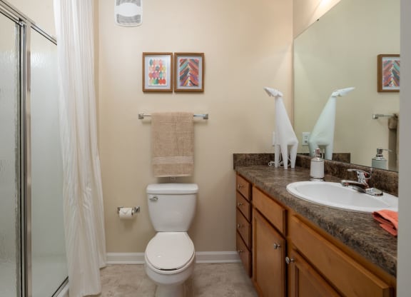Renovated Bathrooms With Quartz Counters at Abberly Village Apartment Homes by HHHunt, South Carolina