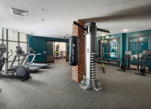 a gym with a punching bag and other exercise equipmentat Abberly Foundry Apartment Homes, Nashville