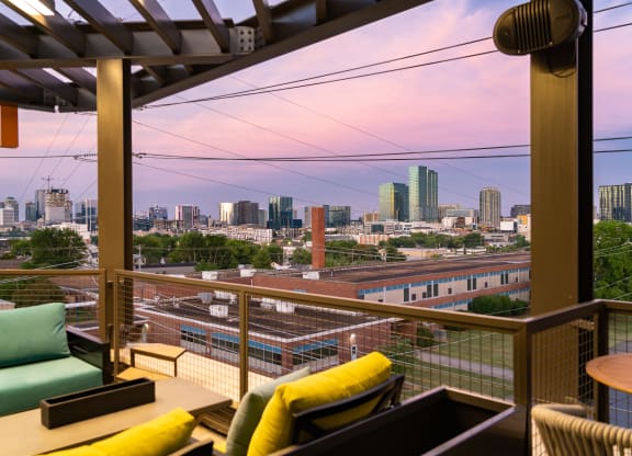 a view of the philadelphia skyline from the rooftop deck at Abberly Foundry Apartment Homes, Nashville