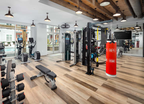 a spacious fitness center with cardio machines and weights at Abberly Noda Vista Apartment Homes, Charlotte, North Carolina