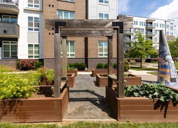 a courtyard with wood planters and a sculpture in front of an apartment building  at Abberly Noda Vista Apartment Homes, Charlotte, North Carolina