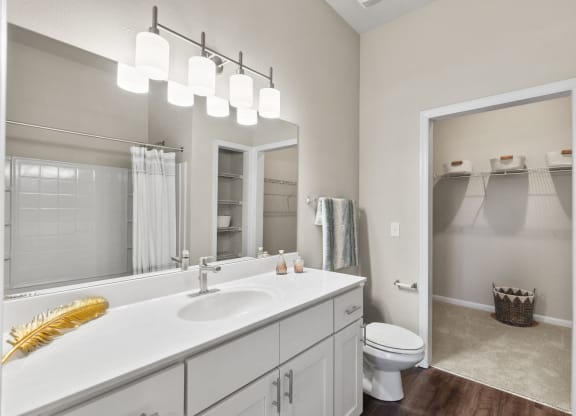 bathroom with a large mirror at West Ashley Apartment Homes, Charleston, 29414