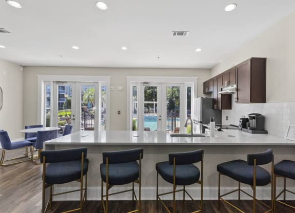Clubhouse Kitchen with Bar at West Ashley Apartment Homes, South Carolina,  29414