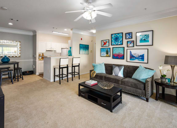 Living Room with Ceiling Fan at Abberly Woods Apartment Homes, Charlotte, NC 28216