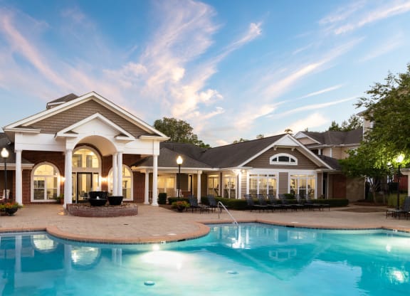 Exterior View of Pool and Clubhouse at Abberly Woods Apartment Homes, Charlotte, NC 28216