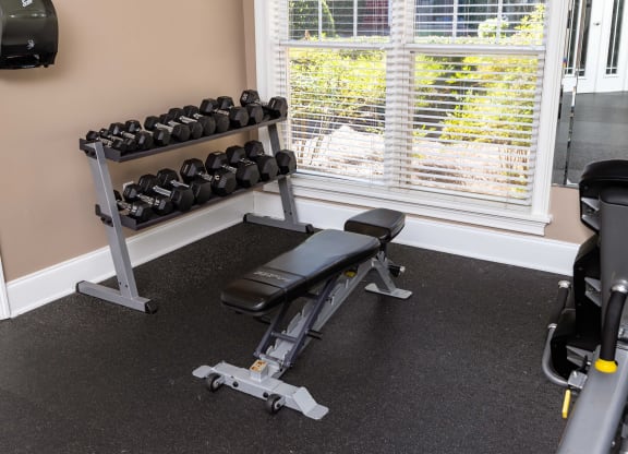 Free Weights in Fitness Center at Abberly Woods Apartment Homes, Charlotte, North Carolina 28216