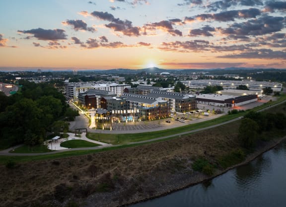 arial view of the campus with the sun setting in the background at Abberly Riverwalk Apartment Homes, Nashville, 37228