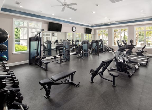 the gym has a large amount of exercise equipment and windows