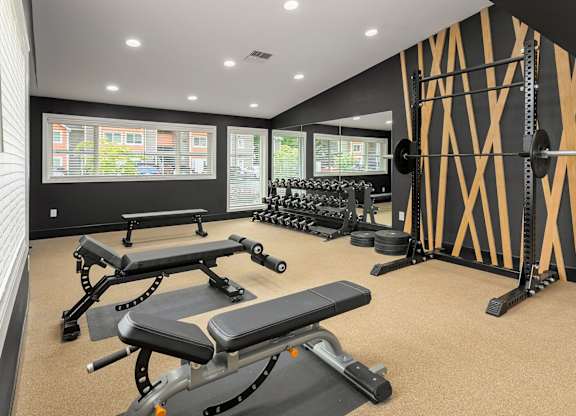 A gym with a row of benches and weights.