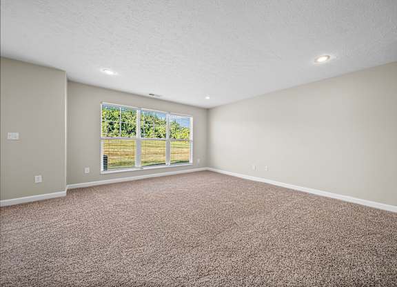 A room with a carpeted floor and a window with blinds.