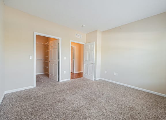 a spacious living room with carpet and a closet