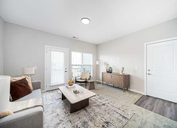 A living room with a grey couch, a coffee table, and a rug.