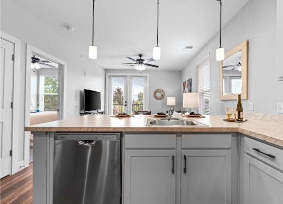 A modern kitchen with a stainless steel dishwasher and a marble countertop.
