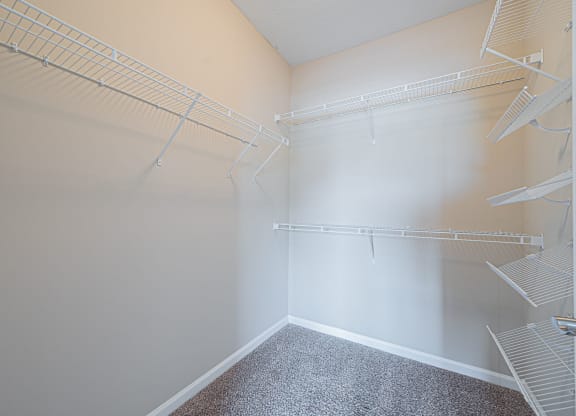 a spacious walk in closet in an empty room with empty shelves