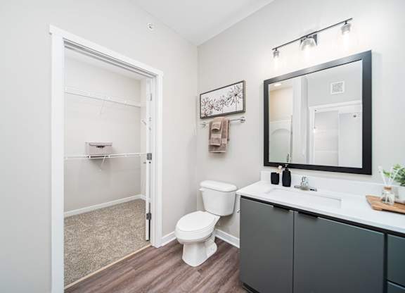 A bathroom with a toilet, sink, and mirror.