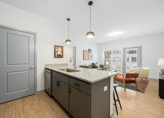 a kitchen with a sink and a door to a living room