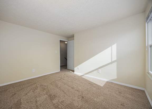 A room with a carpeted floor and a door in the background.