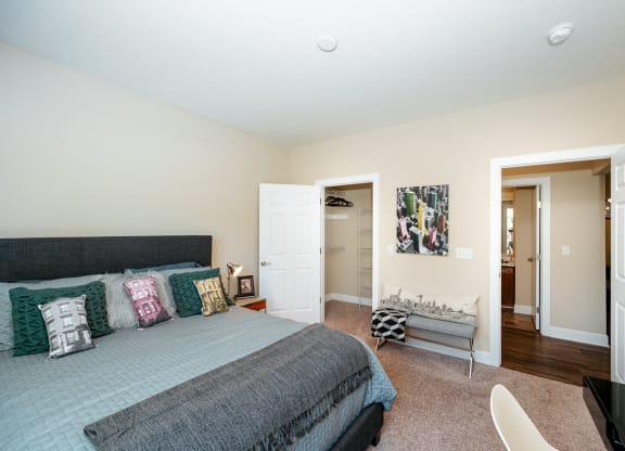 a bedroom with a bed and a closet