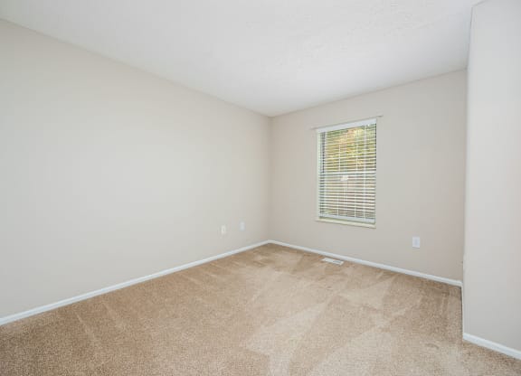 an empty room with a window and beige carpet