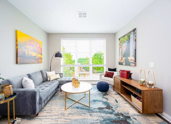 a living room with a gray couch and a coffee table