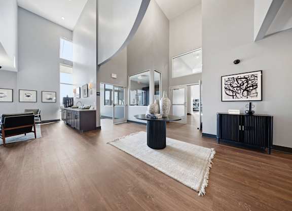 A modern living room with a black and white rug, a wooden floor, and a large mirror on the wall.