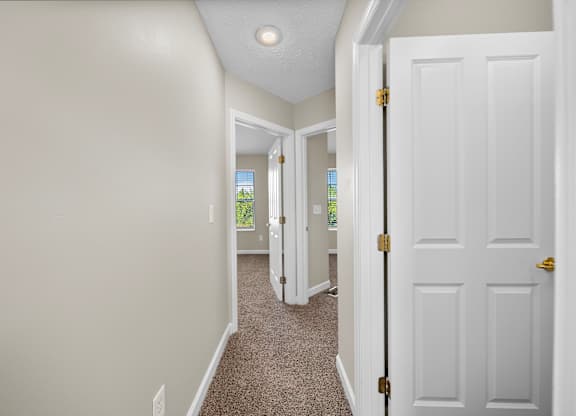 A hallway with white doors and carpeted floor.