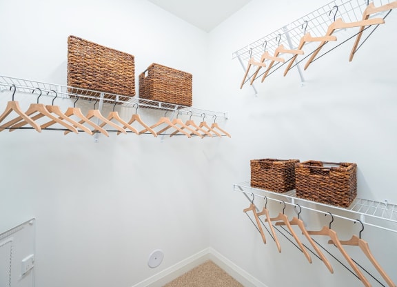 a closet with baskets and racks on the wall and a closet door
