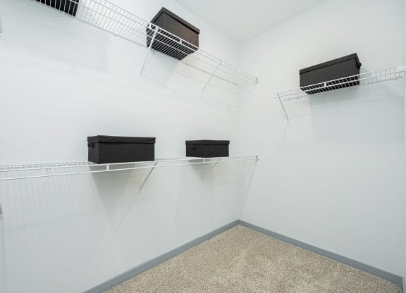 a display case in a white room with three black boxes