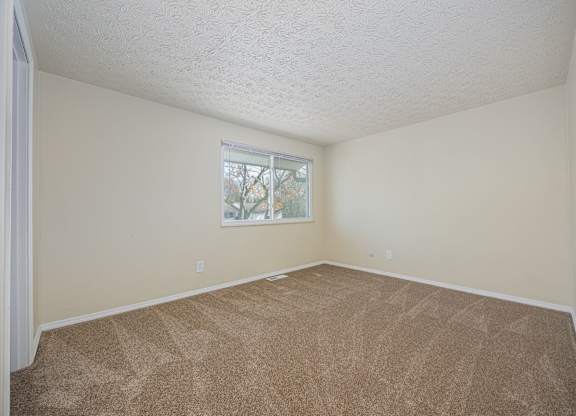 A room with a carpeted floor and a window.