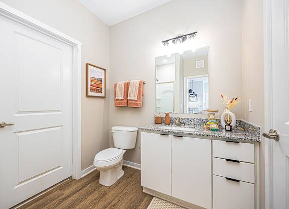 A white bathroom with a toilet, sink, and mirror.