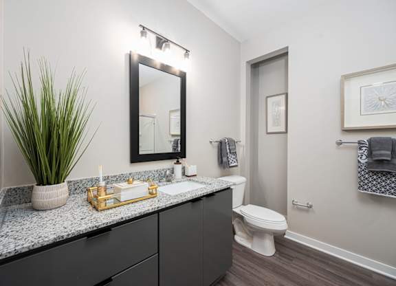 A bathroom with a black counter top and a white toilet.