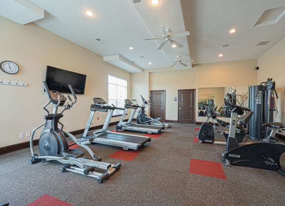 a gym with treadmills and weights and a tv