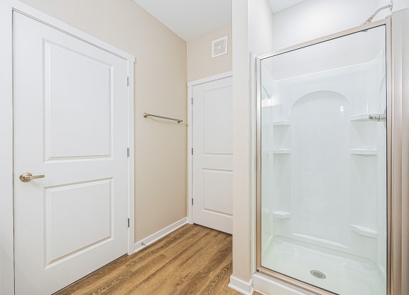 a bathroom with a glass shower and a door to a closet