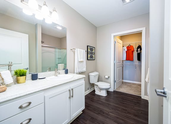 a bathroom with a mirror and a toilet and a walk in closet