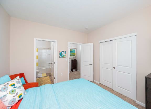 a bedroom with a bed and a closet