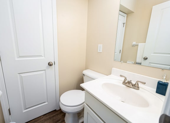a bathroom with a sink toilet and a mirror