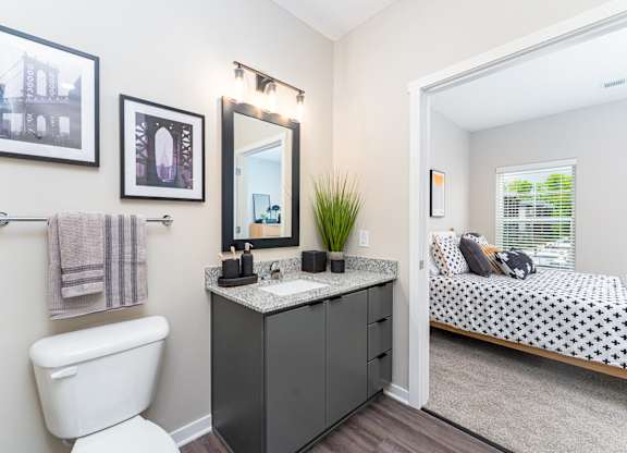 A bathroom with a toilet, sink, mirror, and a bed in the background.