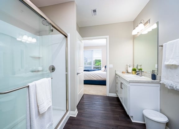 a bathroom with a shower and a sink and a toilet