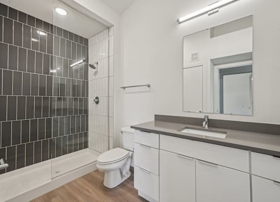 A bathroom with a white toilet and a black tiled shower.