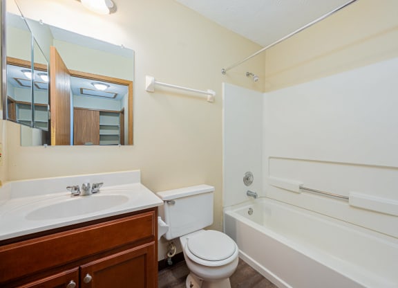 a bathroom with a sink toilet and a bath tub