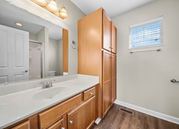 A bathroom with a sink, mirror, and wooden cabinets.