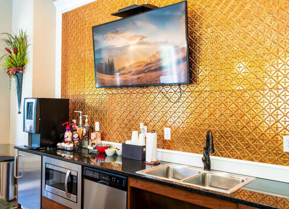 a kitchen with a counter and a sink and a tv on the wall