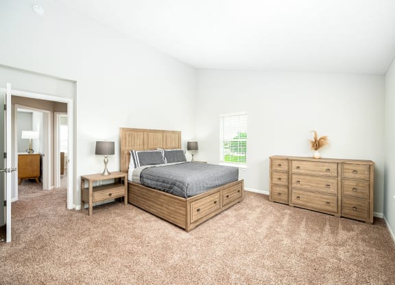 a bedroom with a bed and dressers and a window