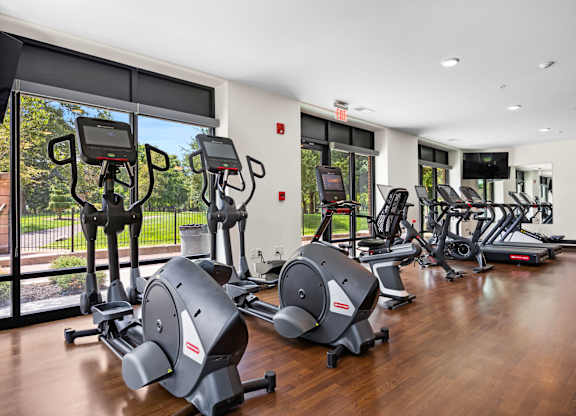 A gym with a row of elliptical machines.